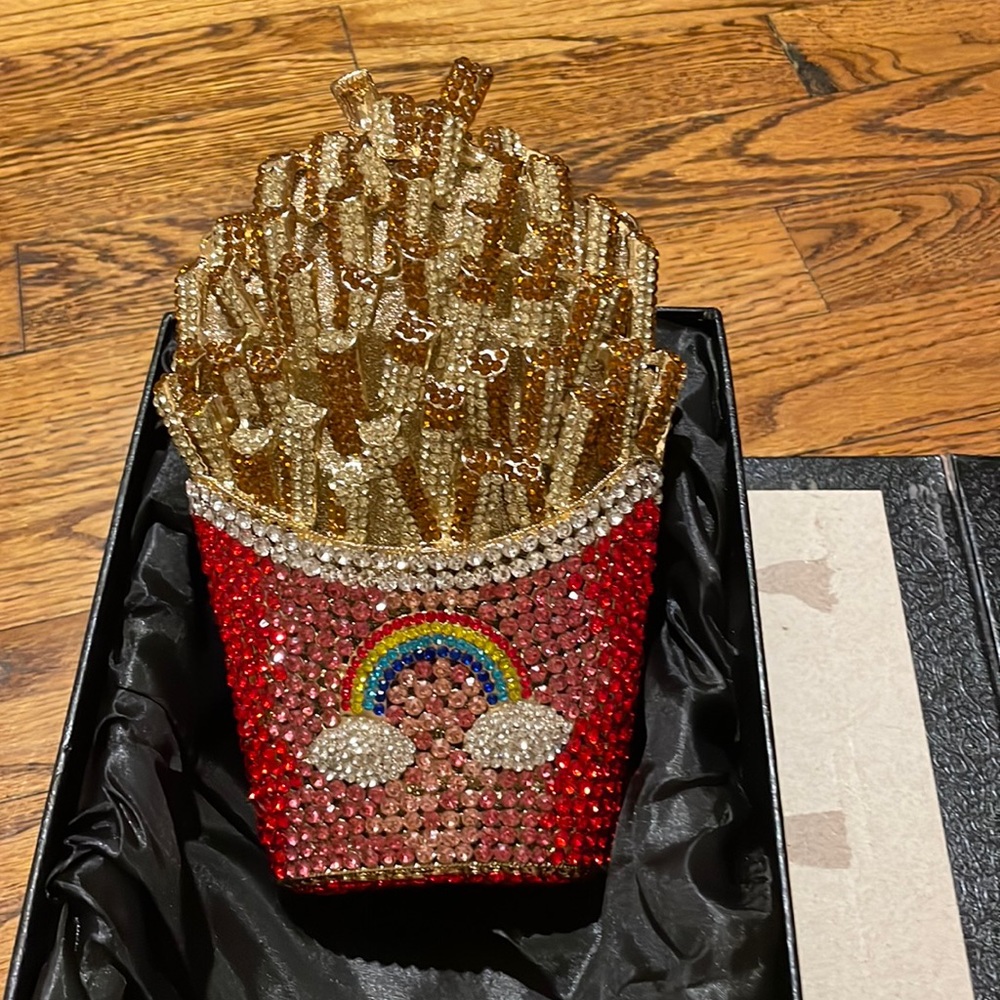 ✨Crystal embellished 🍟 French Fries 🌈 Rainbow Handbag Clutch New with box.